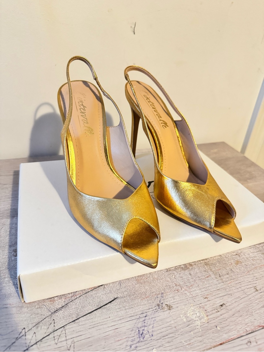 L'INTERVALLE Gold Metallic Peep-Toe Slingback Stiletto Heels